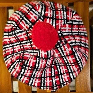 EUC 90s Vintage Girls Red and Black Plaid Beret Hat with Pom Pom